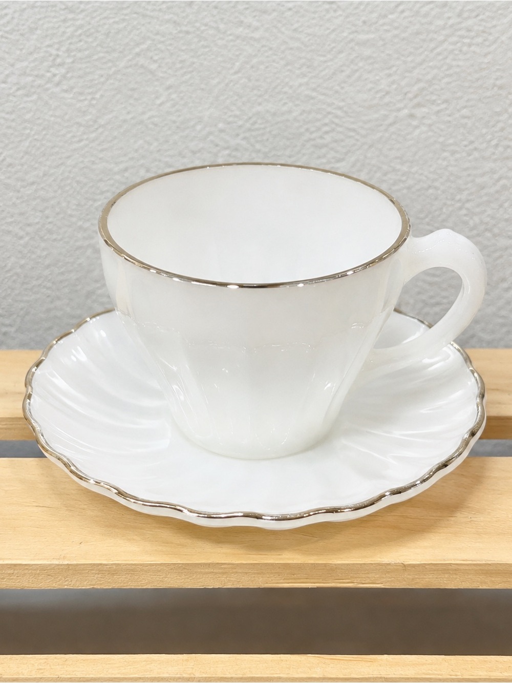 ☀️2/$20 Fire King Vintage Milk Glass Coffee Cup & Ridged Saucer | Silver Trim